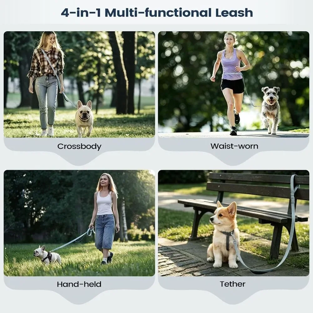 Hands Free Dog Leash 4-in-1 Crossbody Waist Adjustable 4.7-7.2FT Traffic Handle